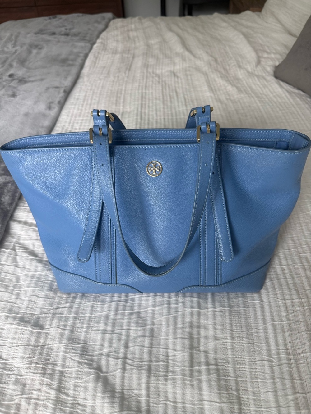 Tory Burch Sky Blue Pebbled Leather Tote with Gold Logo